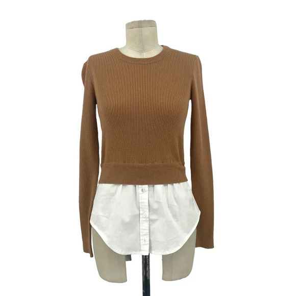 Veronica Beard Rocha Poplin-paneled Merino Wool Sweater‎ In Camel Size XS - Picture 2 of 9